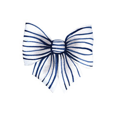 Watercolor illustration with striped blue and white satin silk bow. Images are hand-drawn and isolated on white background.
