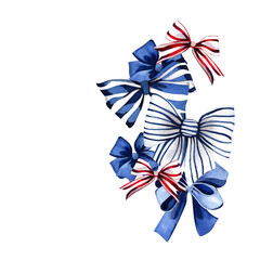 Watercolor illustration with blue, striped blue and white bows and reds. Images are hand-drawn and isolated on white background.