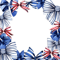Obraz premium Watercolor illustration with blue, striped and red bows. Set of illustrations of silk bows. Images are hand-drawn and isolated on white background.