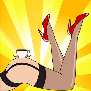 Creative conceptual vector illustration. Pinup vintage retro Woman wearing stockings and high heels with a cup of coffee on her hips.