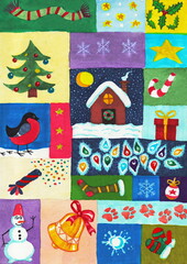 Celebration background: large set of Christmas and New year elements. Hand-drawn watercolor. Various colorful Xmas objects: house, snowman, sock, bell, snowball,  garland, stars, snowflakes, bullfinch