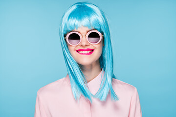 beautiful woman in blue wig sunglasses Glamor fashion