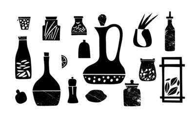 Spices, spices, jars, bottles, salt. Vector set. Illustration, vintage, grunge. Cooking, cuisine, restaurant, household. Black and white, isolated.