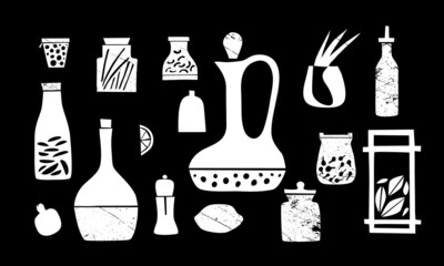Spices, spices, jars, bottles, salt. Vector set. Illustration, vintage, grunge. Cooking, cuisine, restaurant, recipe, homemade food. White on black.
