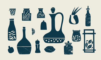 Spices, spices, jars, bottles. Vector set. Illustration, vintage, grunge, decor. Cooking, cuisine, recipe, food, utensils, restaurant. Blue on beige.