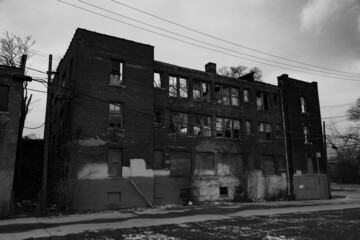 Abandoned building in Detroit, Michigan an black and white.