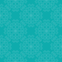 Beautiful Christmas seamless vector snowflake texture on cyan background. Monochrome seasonal pattern for wrapping paper, greeting cards, invitations, gift boxes and web background.