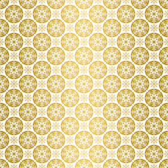 Abstract geometric gold foil seamless snowflake texture on white background. Elegant vector pattern for background prints, Christmas and New Year cards, invitations and wrapping paper.