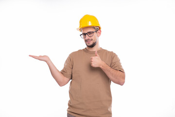 Builder Holding Hand to Side Showing Thumb Up Isolated. Man Construction Worker Sign. Advertisment, Commercial, Business concept