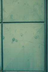 Paw prints on dusty green metal door.