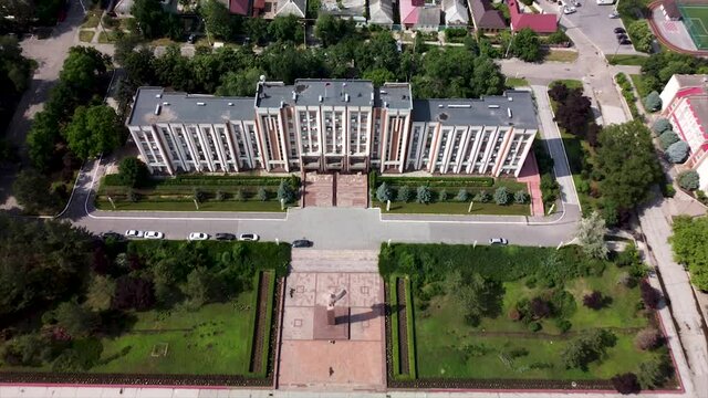 Aerial view of Tiraspol parliament with Lenin statue in an unrecognised communist country Transnistria in Moldova