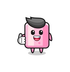 marshmallow mascot doing thumbs up gesture.