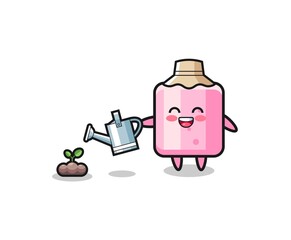 cute marshmallow is watering plant seeds.