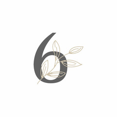 Number 6 Floral and Botanical Logo. Nature Leaf Feminine for Beauty Salon, Massage, Cosmetics or Spa Icon Symbol