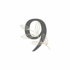 Number 9 Floral and Botanical Logo. Nature Leaf Feminine for Beauty Salon, Massage, Cosmetics or Spa Icon Symbol