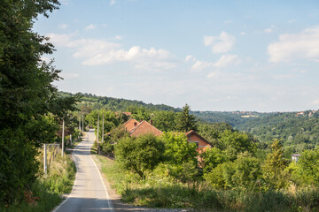 Fototapeta premium typical countryside road with farms, agricultural fields, trees, in Barajevo, Central Serbia, in Kosmaj mountain, in a typical European rural environment...