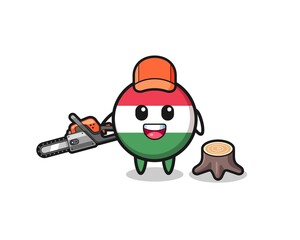 Fototapeta premium hungary flag lumberjack character holding a chainsaw.
