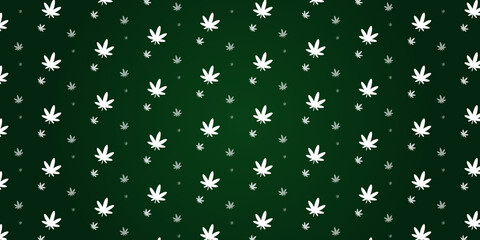 Icon cannabis, marihuana, ganja pattern on a green background. Tile pattern. White repeating silhouette of a Sativa leaf. Different sizes and opacity.