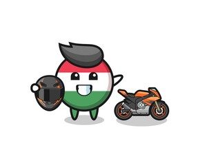 cute hungary flag cartoon as a motorcycle racer.