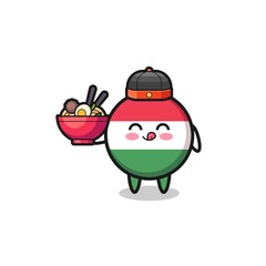 hungary flag as Chinese chef mascot holding a noodle bowl.