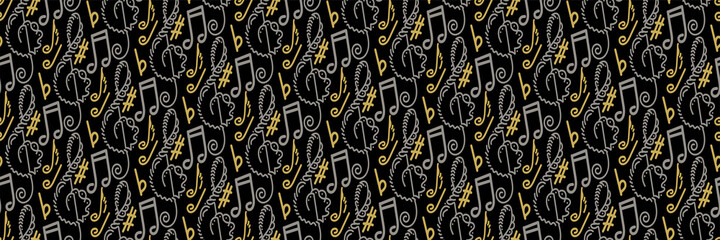 Background image with an abstract ornament of musical notes on a black background for your design projects, seamless pattern, wallpaper textures with flat design. Vector illustration