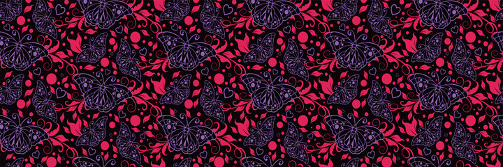 Colorful background pattern with floral ornaments and butterflies on a dark background for your design projects, seamless pattern, wallpaper textures with flat design. Vector illustration