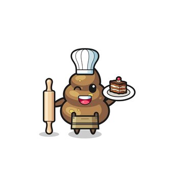 poop as pastry chef mascot hold rolling pin