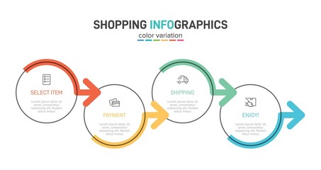 Concept of shopping process with 4 successive steps. Four colorful graphic elements. Timeline design for brochure, presentation, web site. Infographic design layout.