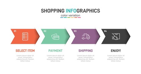 Concept of shopping process with 4 successive steps. Four colorful graphic elements. Timeline design for brochure, presentation, web site. Infographic design layout.