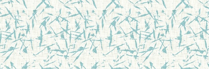 Aegean teal streaked border strip linen texture background. Coastal summer style home decor fabric effect. Sea green wash grunge edge material. Decorative textile mottle seamless pattern banner. 