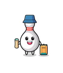 bowling pin mascot character as hiker