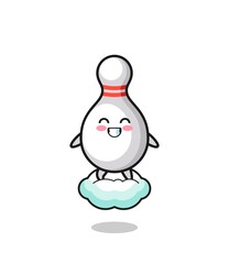 cute bowling pin illustration riding a floating cloud