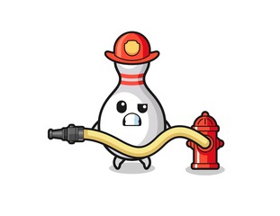 bowling pin cartoon as firefighter mascot with water hose