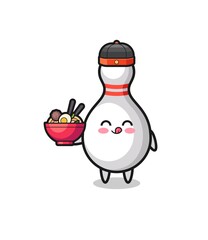 bowling pin as Chinese chef mascot holding a noodle bowl