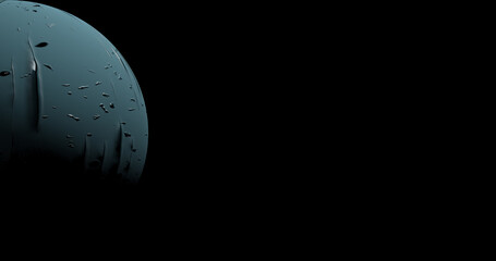 Render with a blue sphere with raindrops on a black background