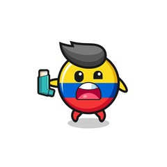 colombia flag mascot having asthma while holding the inhaler