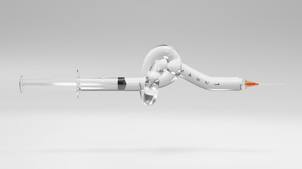 Medical syringe with a knot. Vaccination concept. 3D Rendering