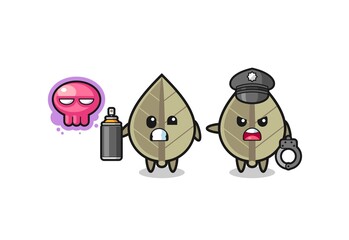 dried leaf cartoon doing vandalism and caught by the police