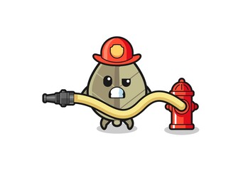 dried leaf cartoon as firefighter mascot with water hose