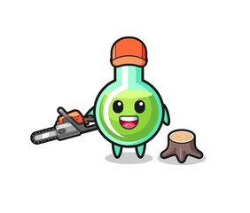 lab beakers lumberjack character holding a chainsaw