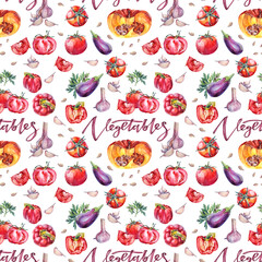 Seamless pattern watercolor vegetables: tomato bell pepper garlic pumpkin eggplant on white background. Summer autumn health food for salad soup. Art for menu cafe kitchen card cookbook