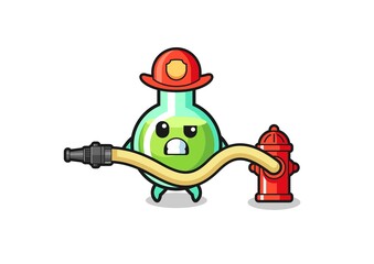 lab beakers cartoon as firefighter mascot with water hose
