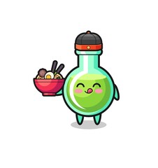 lab beakers as Chinese chef mascot holding a noodle bowl