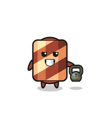 wafer roll mascot lifting kettlebell in the gym