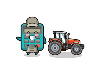the calculator farmer mascot standing beside a tractor