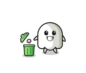 illustration of the ghost throwing garbage in the trash can