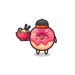 doughnut as Chinese chef mascot holding a noodle bowl