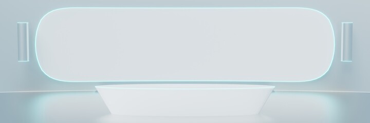 Obraz premium Futuristic stage Studio neon light and blank glowing screen background panorama 3D rendering