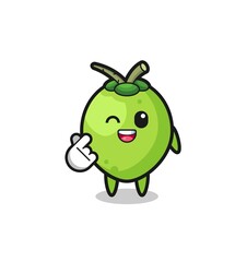 coconut character doing Korean finger heart