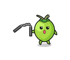 cartoon of coconut using nunchaku